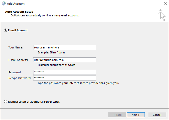Auto account setup parameter fields selection screen